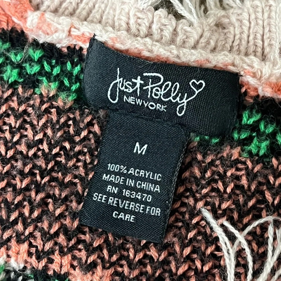 Just Polly Pink Distressed Strawberry Print Knit Sweater Women’s Long Sleeve M - Picture 8 of 9